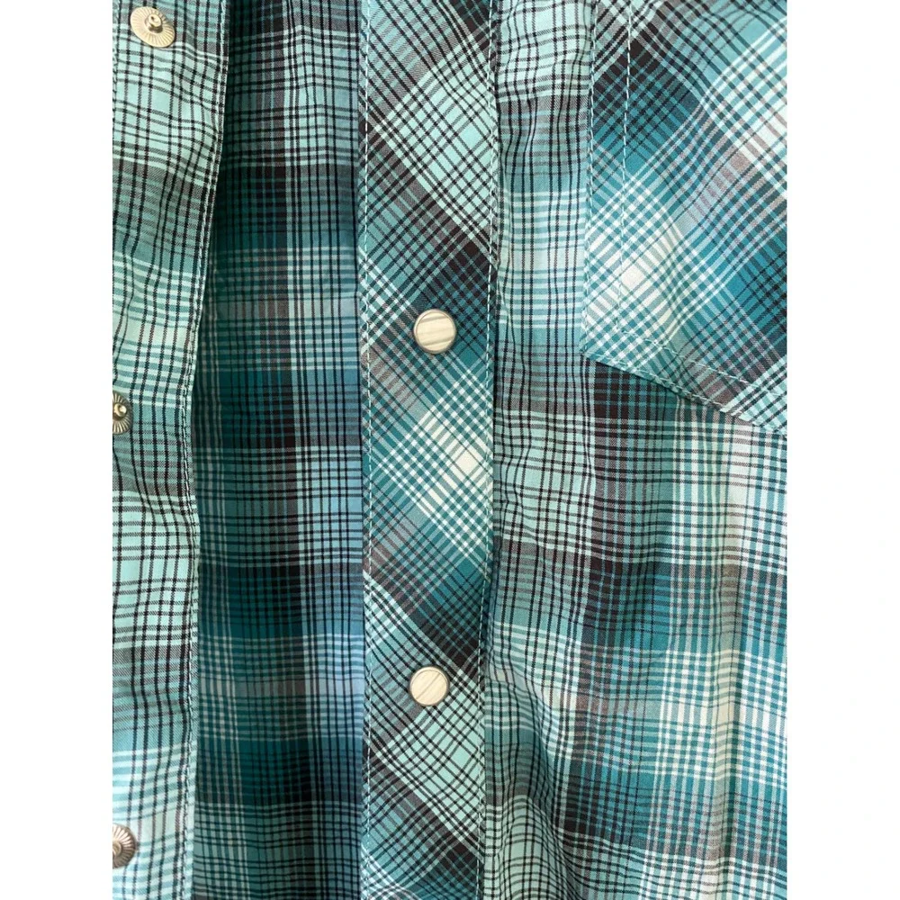 Wrangler Western Snap Shirt Kids XL Teal Plaid Cowboy Rodeo Logo Boho